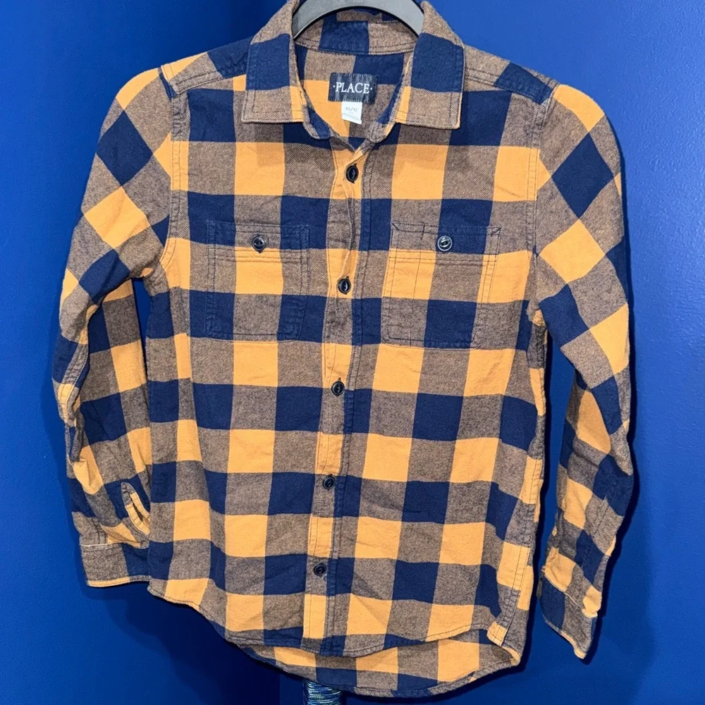 The Children's Place - Navy & Yellow Plaid Button-Down Shirt Size 10/12